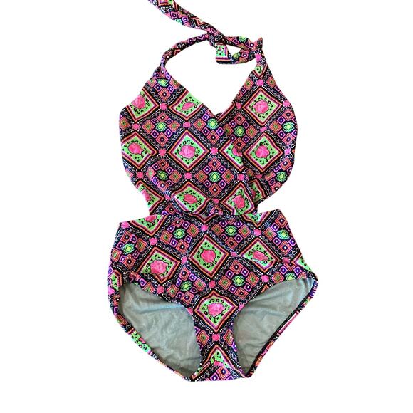 Betsey Johnson faux wrap cut out geo print Swimsuit one piece Multi Monokini S - Picture 1 of 7